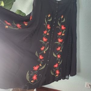 The Pyramid Collection Black & Red Floral Embroidered Boho Button Down Skirt